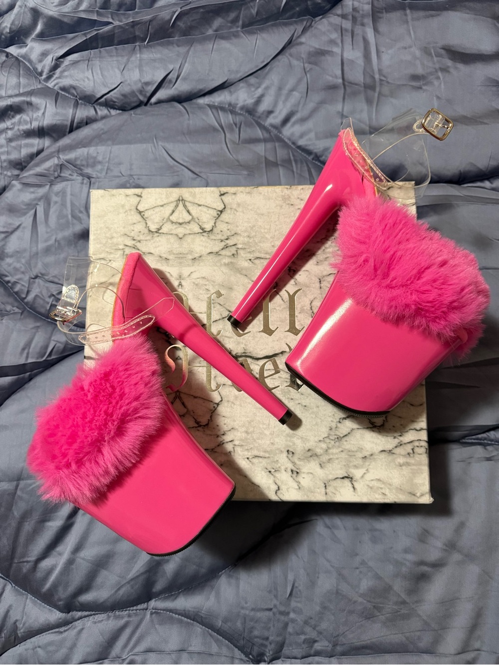 8” Hot Pink Faux-Fur Platform Heels with Clear Ankle Straps